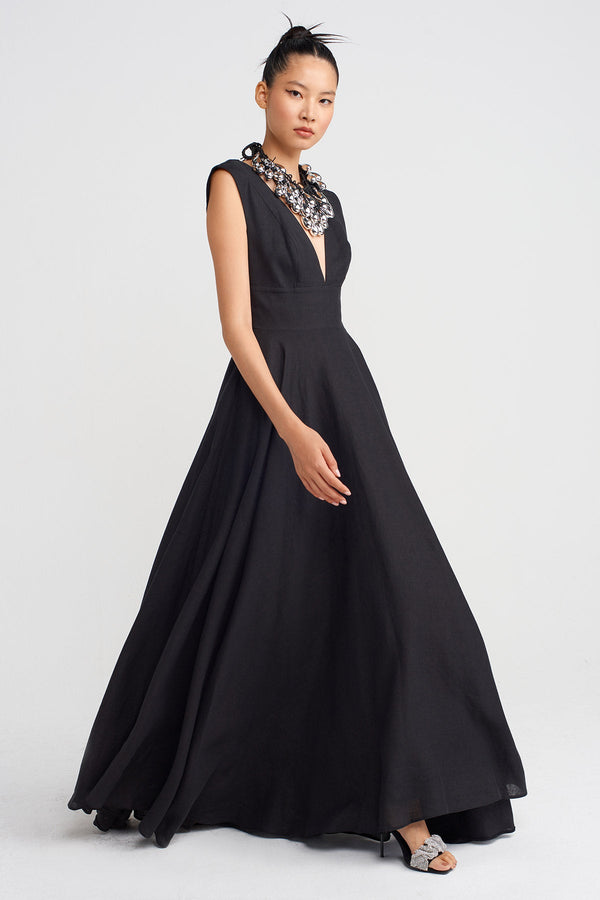 Nu Deep V-Neck Long Linen Dress Black