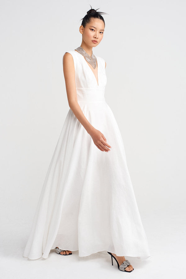 Nu Deep V-Neck Long Linen Dress Off White