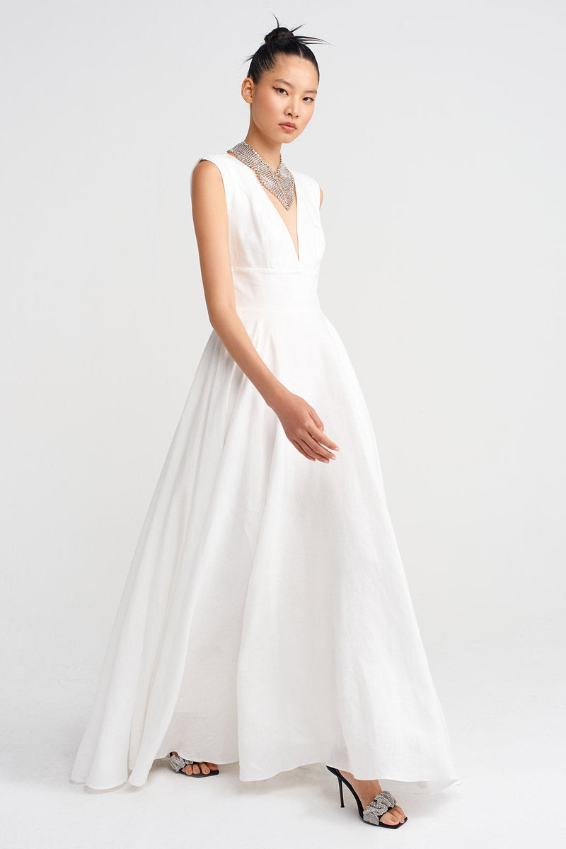 Nu Deep V-Neck Long Linen Dress Off White