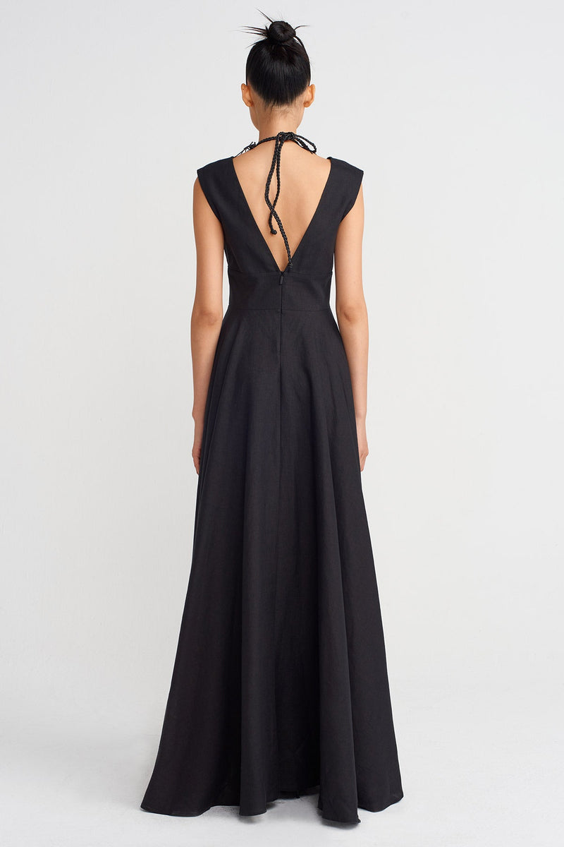 Nu Deep V-Neck Long Linen Dress Black