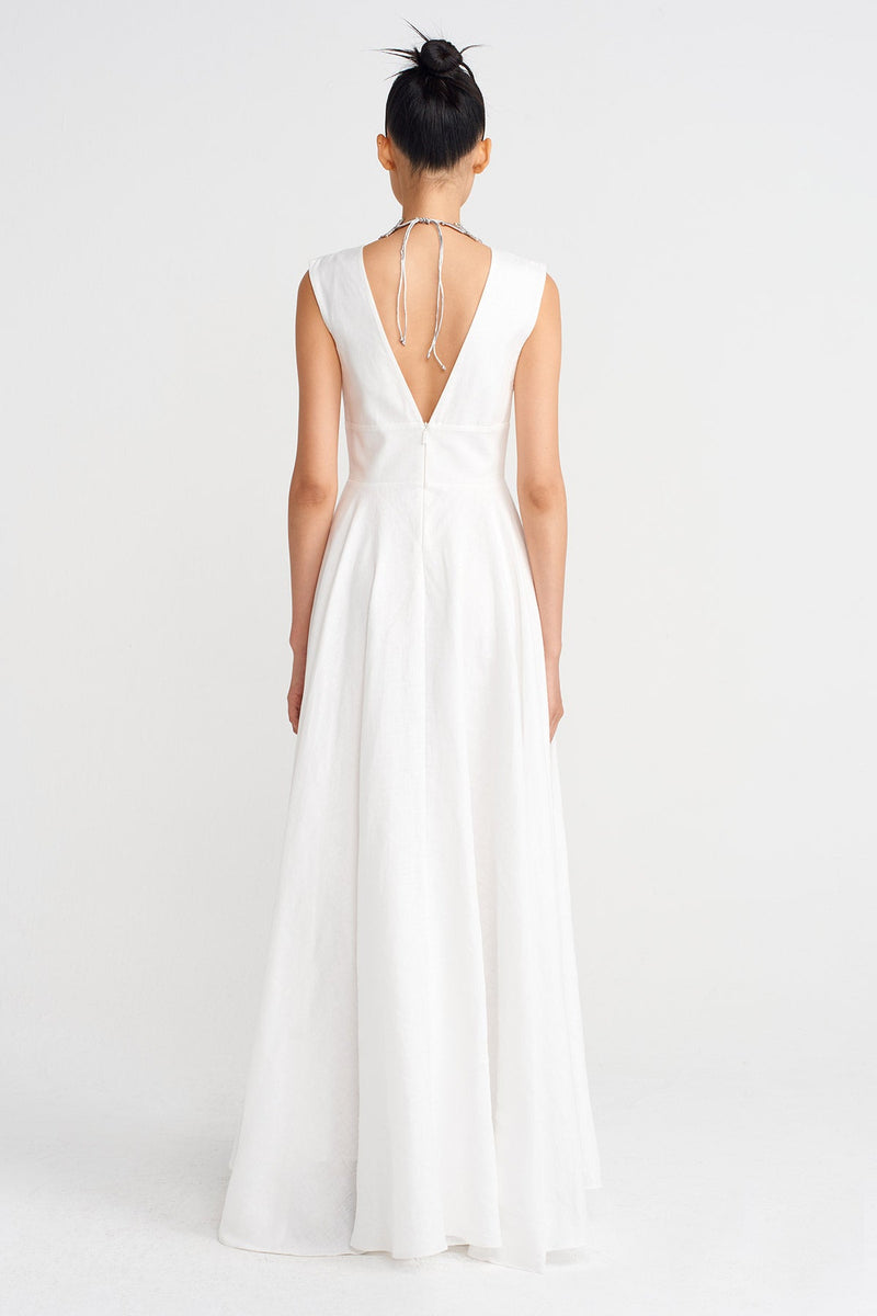 Nu Deep V-Neck Long Linen Dress Off White