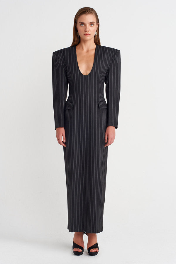 Nu Shoulder-Padded Striped Maxi Dress Black
