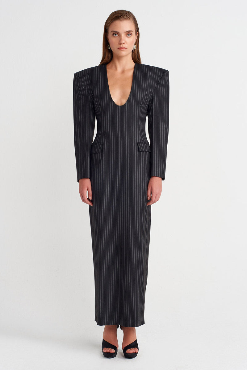 Nu Shoulder-Padded Striped Maxi Dress Black