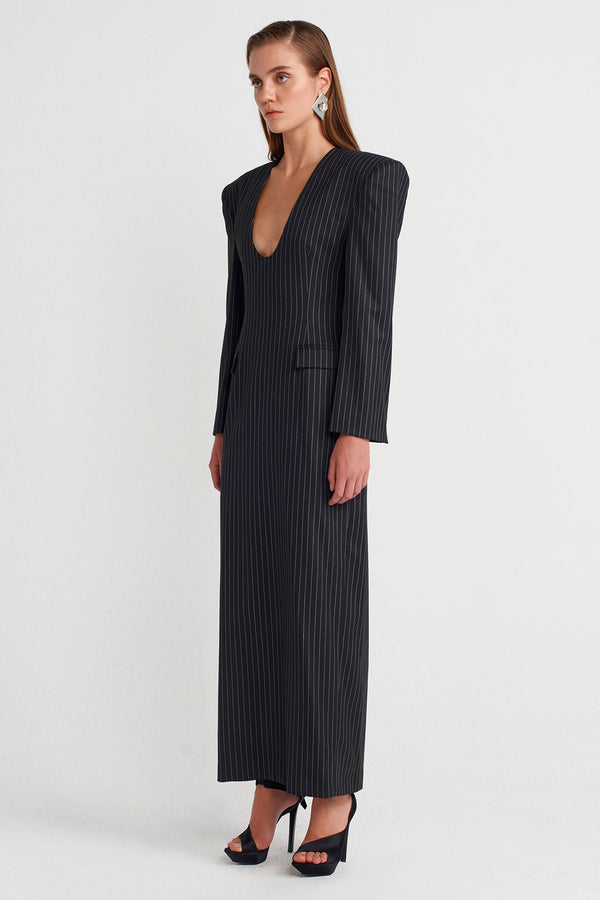 Nu Shoulder-Padded Striped Maxi Dress Black