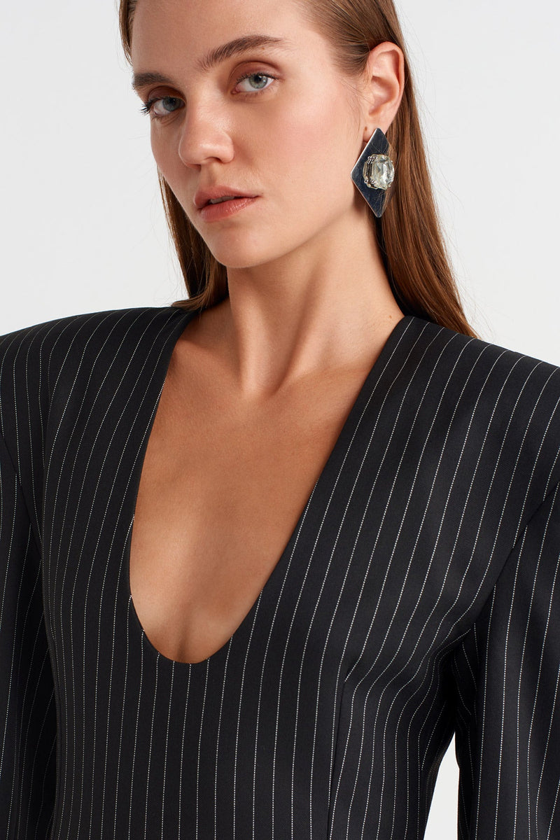 Nu Shoulder-Padded Striped Maxi Dress Black