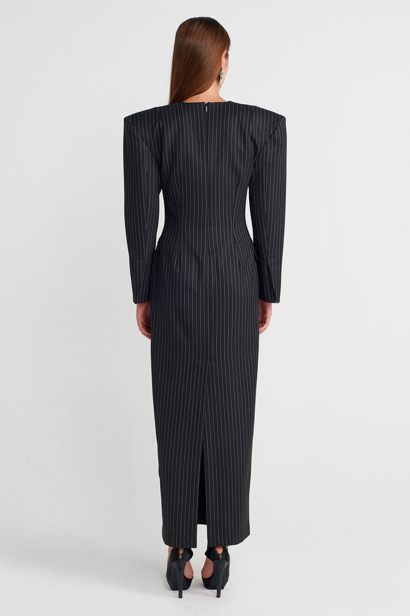 Nu Shoulder-Padded Striped Maxi Dress Black