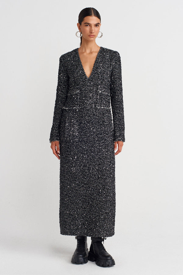 Nu Shimmery Maxi Dress Black/Offwhite
