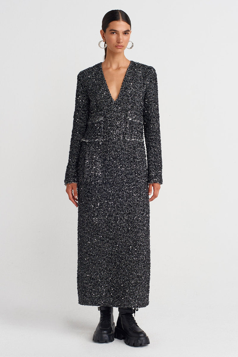 Nu Shimmery Maxi Dress Black/Offwhite