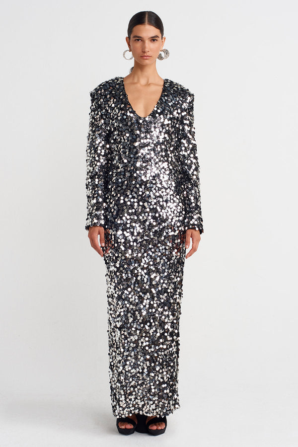 Nu Sequin Dress With Back Slit And Tulle Detail Black - Silver