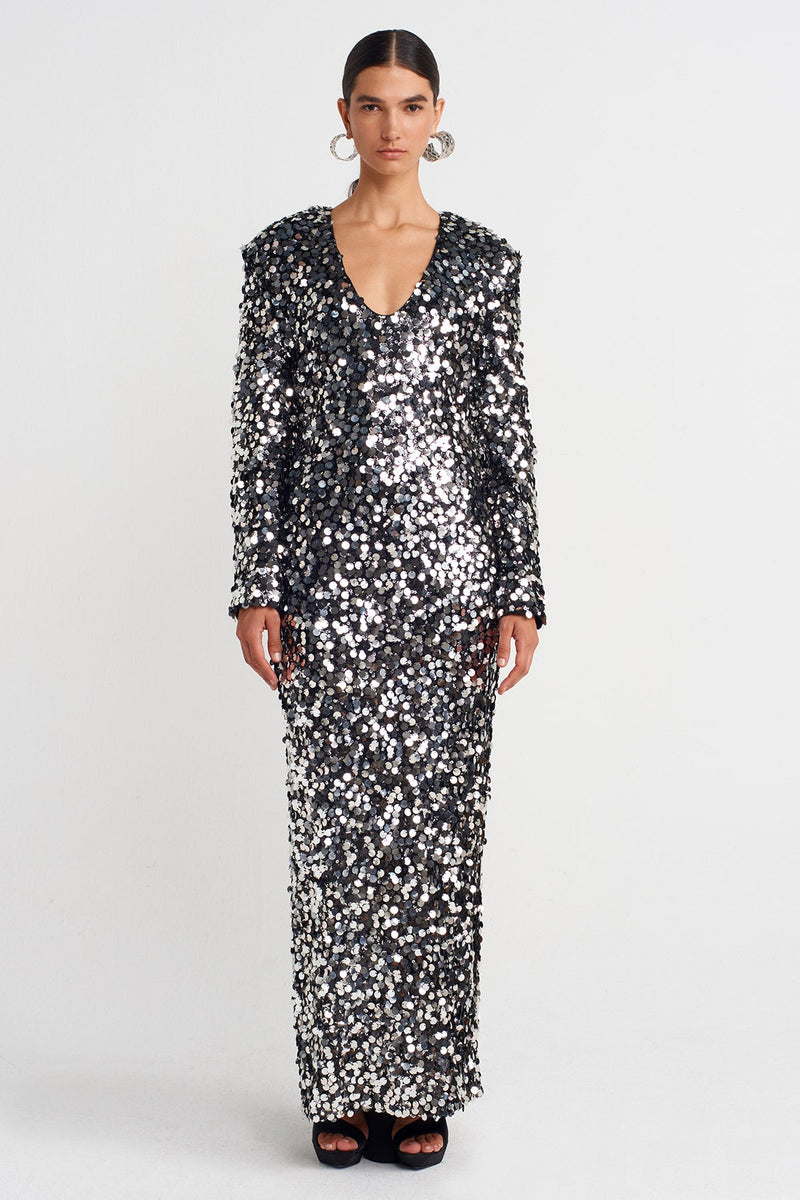 Nu Sequin Dress With Back Slit And Tulle Detail Black - Silver