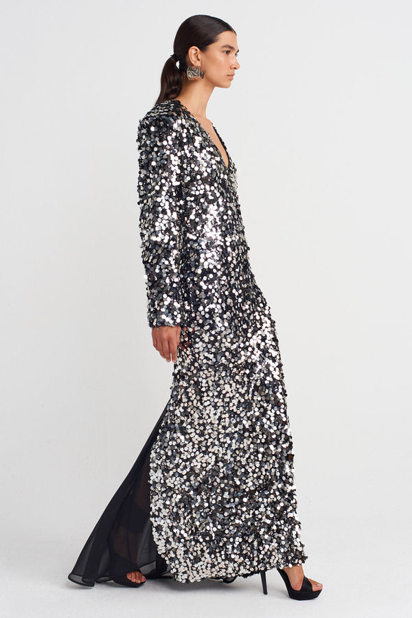 Nu Sequin Dress With Back Slit And Tulle Detail Black - Silver