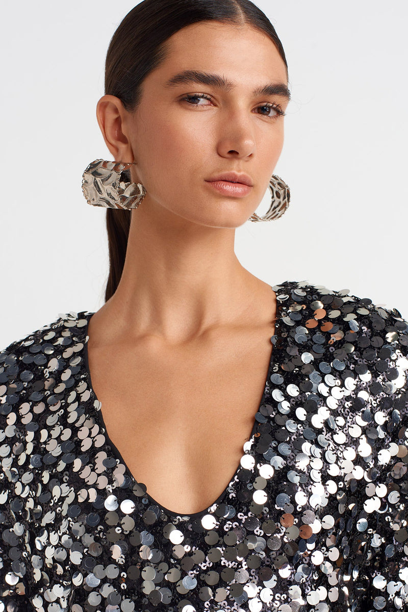 Nu Sequin Dress With Back Slit And Tulle Detail Black - Silver