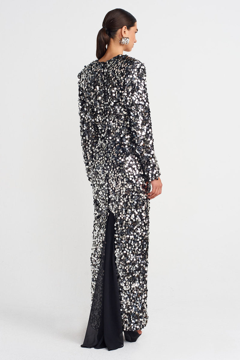 Nu Sequin Dress With Back Slit And Tulle Detail Black - Silver