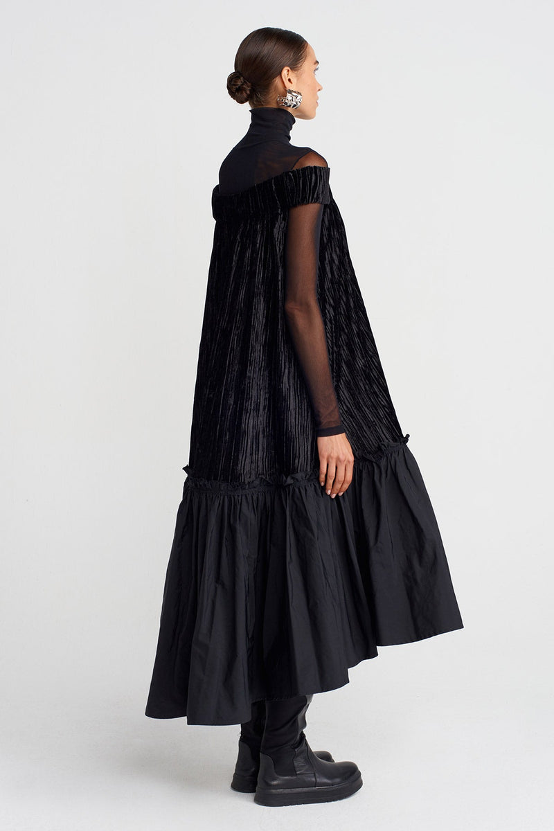 Nu Ribbed Velvet Off-Shoulder Flared Dress Black