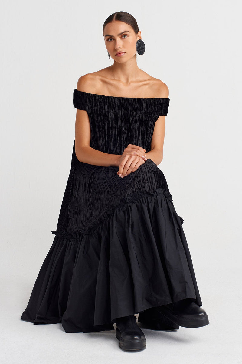 Nu Ribbed Velvet Off-Shoulder Flared Dress Black