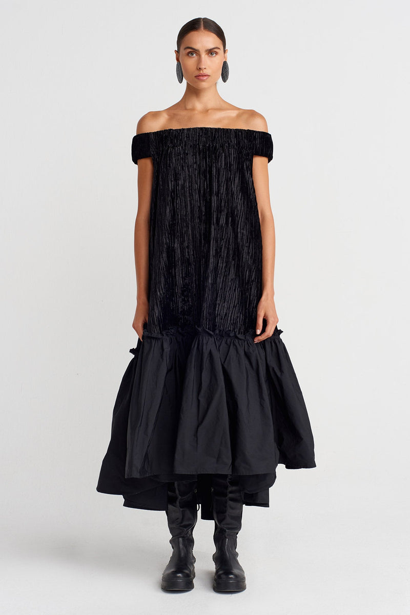 Nu Ribbed Velvet Off-Shoulder Flared Dress Black