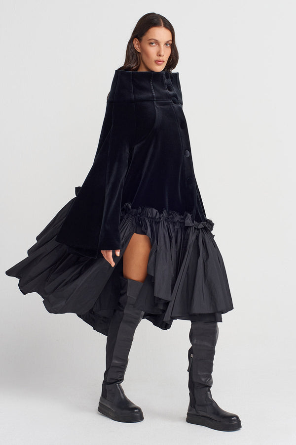 Nu Velvet Flared Dress With Wide Stand Collar Black