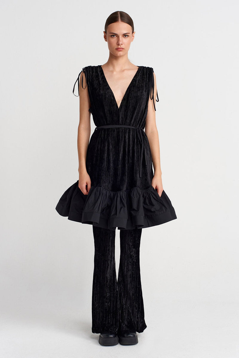 Nu Pleated Velvet Mini Dress With Taffeta Hem Black
