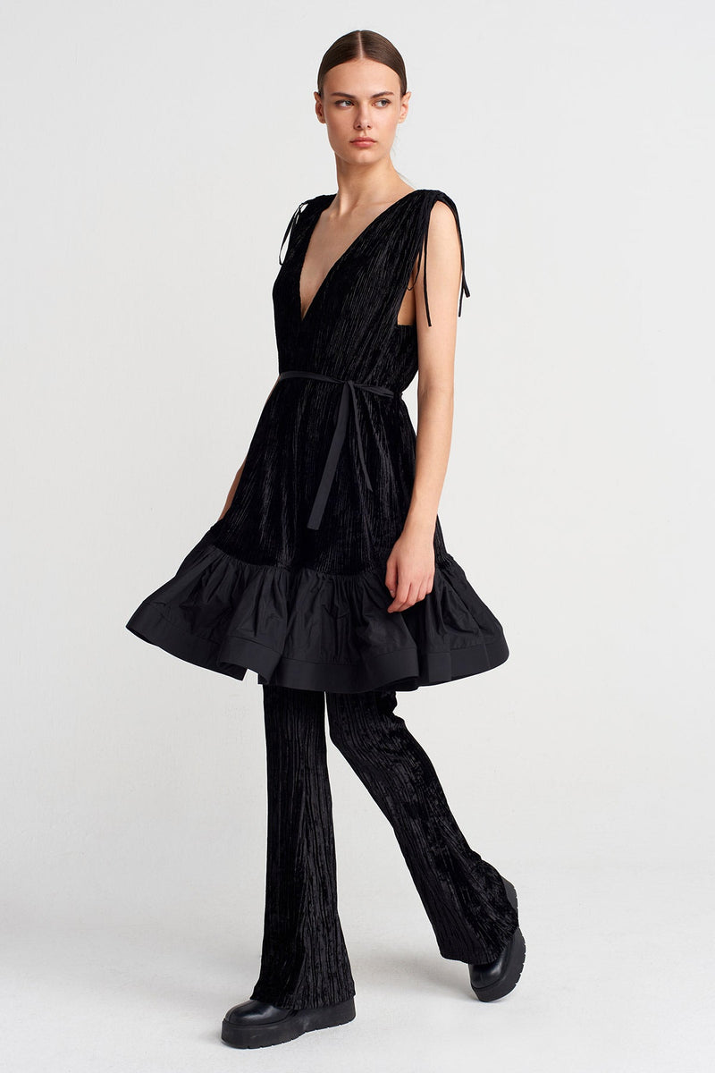 Nu Pleated Velvet Mini Dress With Taffeta Hem Black