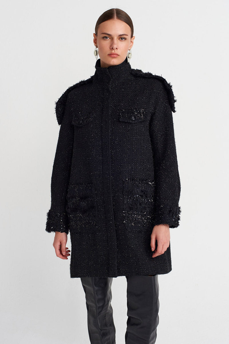 Nu Military Detailed Tweed Dress Black