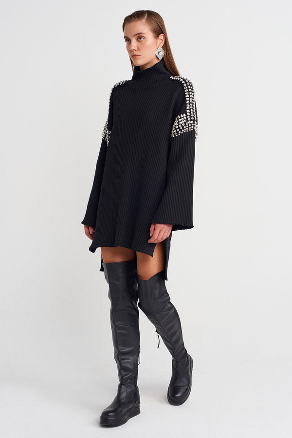 Nu Embellished Knit Mini Dress With Shoulder And Sleeve Stone Details Black