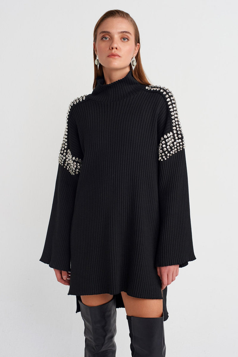 Nu Embellished Knit Mini Dress With Shoulder And Sleeve Stone Details Black