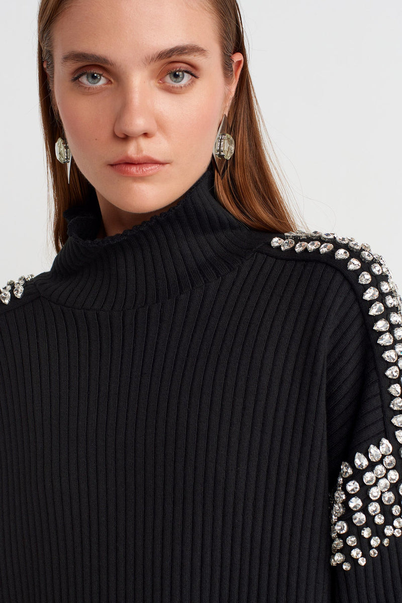 Nu Embellished Knit Mini Dress With Shoulder And Sleeve Stone Details Black