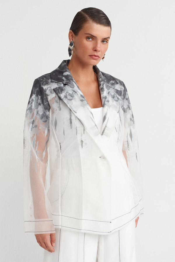 Nu Printed Organza Blazer Jacket Off White