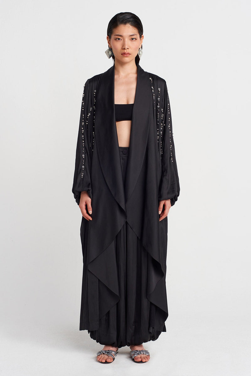 Nu Embroidered Long Kimono With Shawl Collar Black