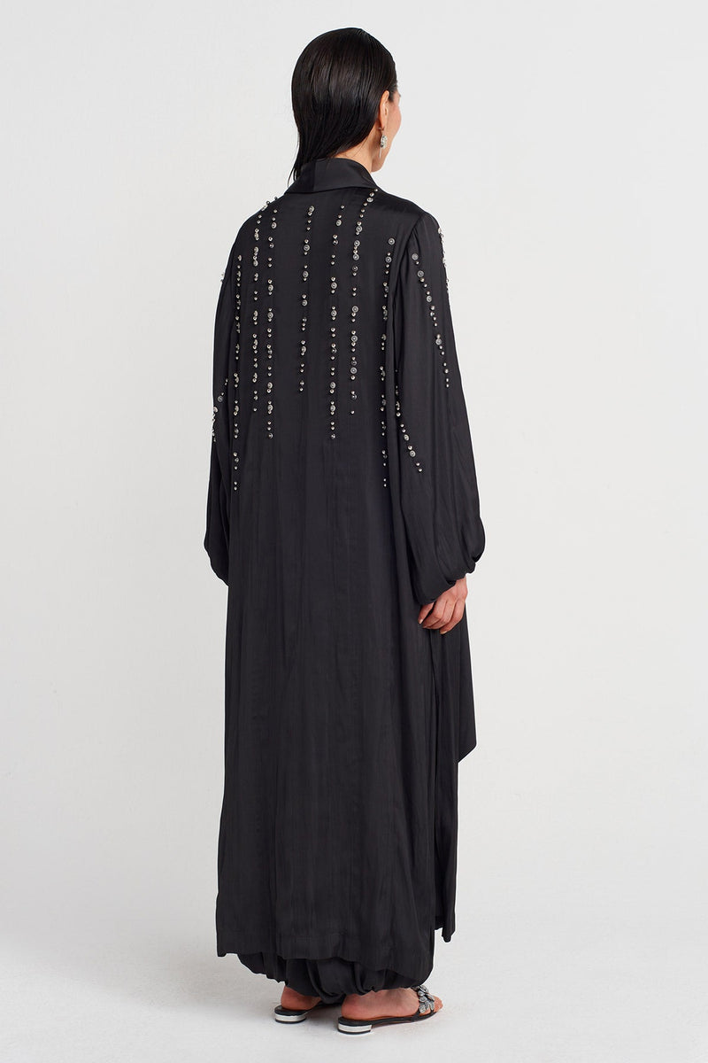 Nu Embroidered Long Kimono With Shawl Collar Black