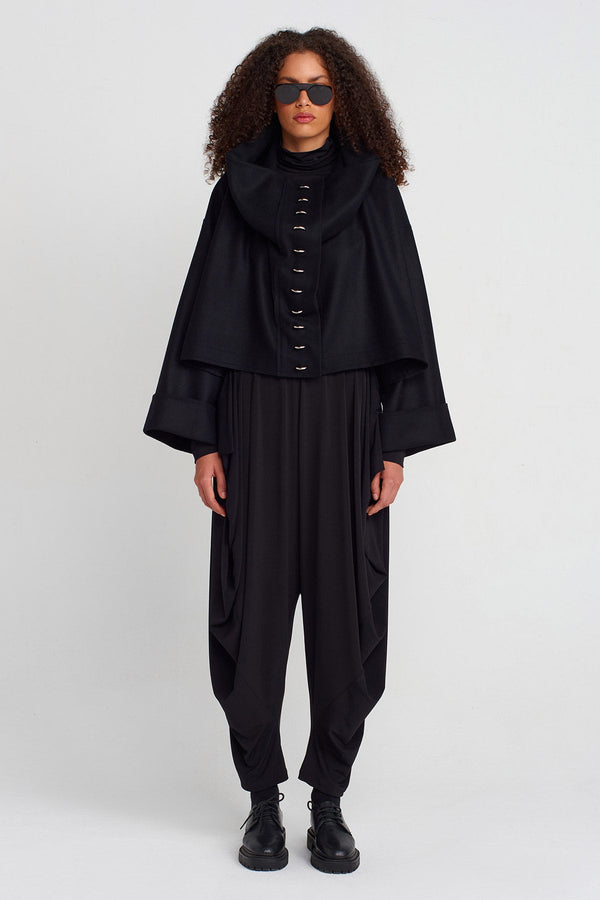 Nu Oversized Dropped Collar Metal Snap Button Jacket Black
