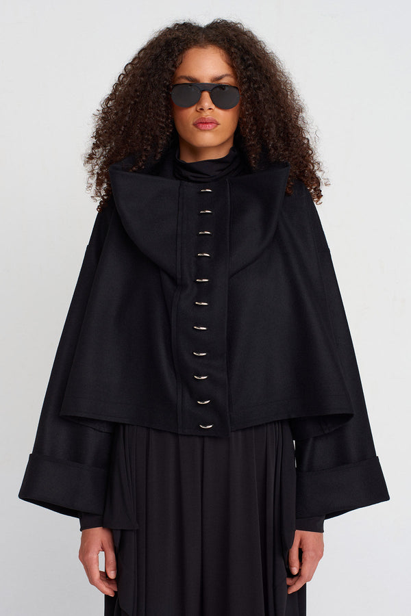 Nu Oversized Dropped Collar Metal Snap Button Jacket Black