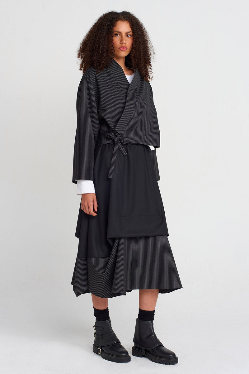 Nu Striped Double Breasted Closure Short Jacket Black