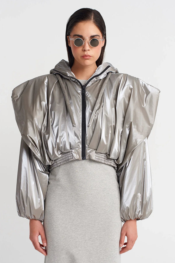 Nu Shiny Hooded Short Puffer Jacket Light Grey Melange