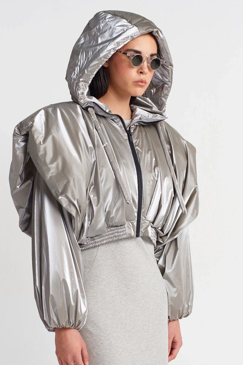 Nu Shiny Hooded Short Puffer Jacket Light Grey Melange