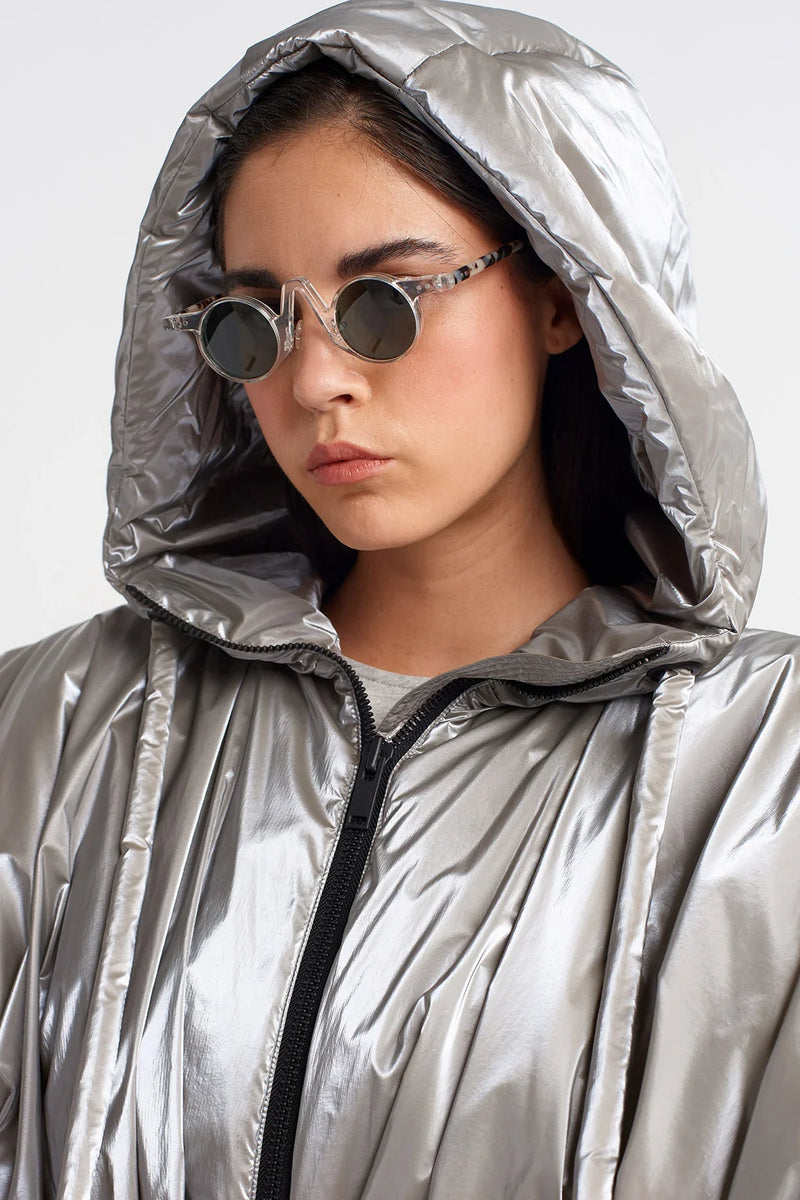 Nu Shiny Hooded Short Puffer Jacket Light Grey Melange