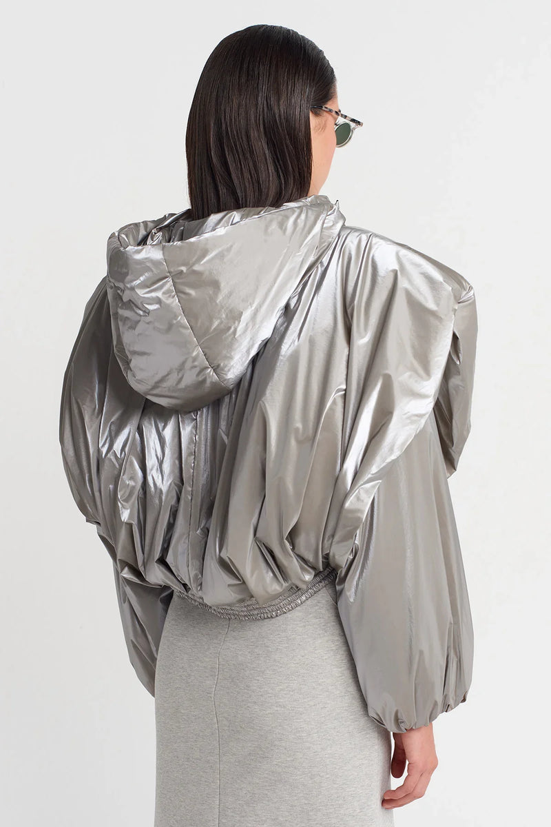 Nu Shiny Hooded Short Puffer Jacket Light Grey Melange