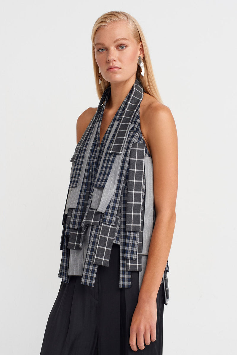 Nu Plaid Paneled Jacket With Back Tie Multi Color