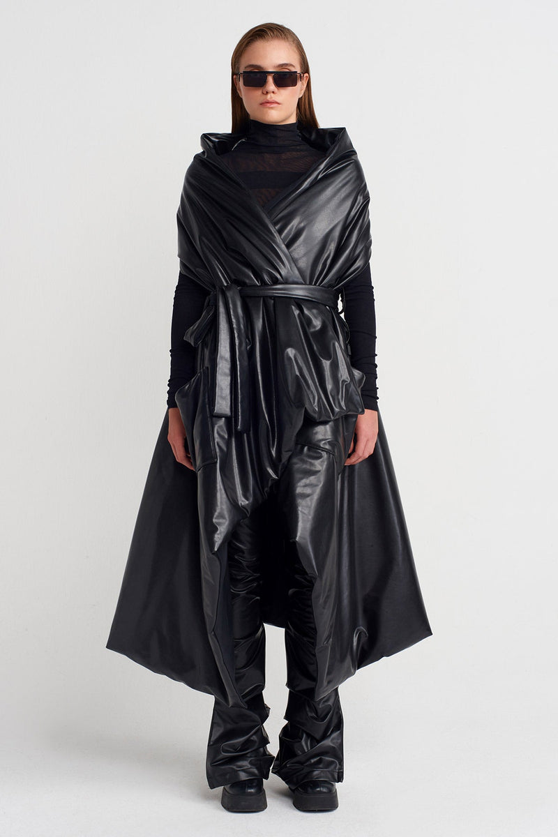 Nu Oversized Pocket Vegan Leather Vest Black