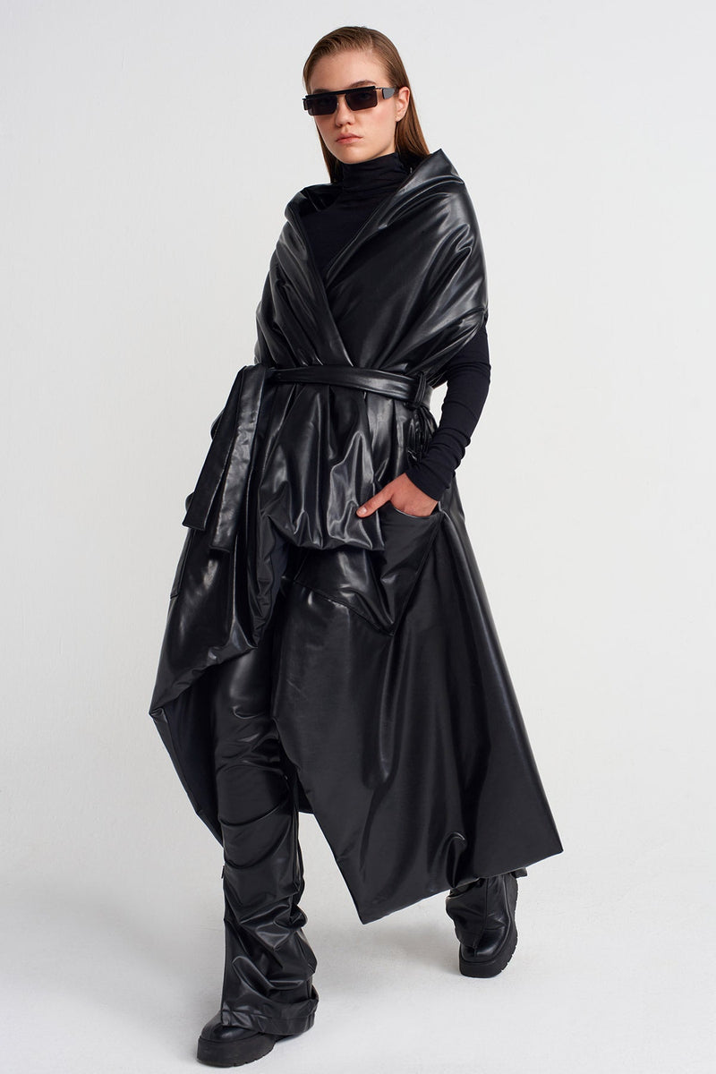 Nu Oversized Pocket Vegan Leather Vest Black