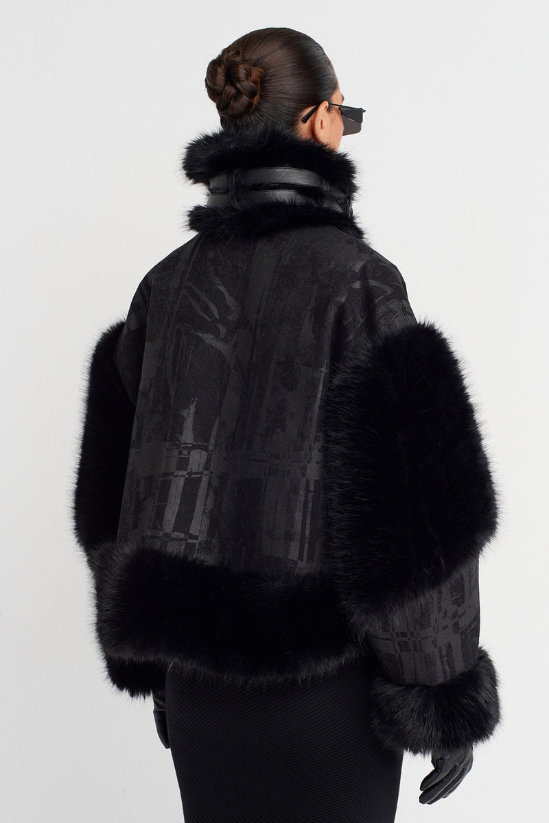 Nu Faux Fur Detailed Printed Jacket Black