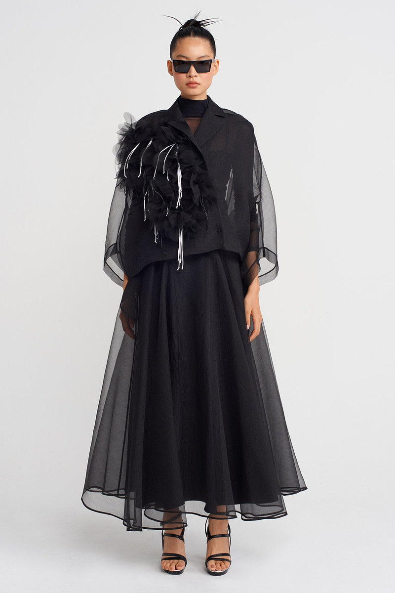 Nu Floral Appliqué Short Organza Jacket Black/Offwhite