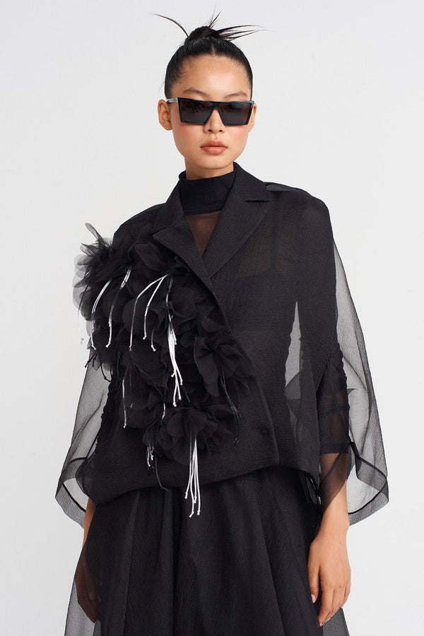Nu Floral Appliqué Short Organza Jacket Black/Offwhite
