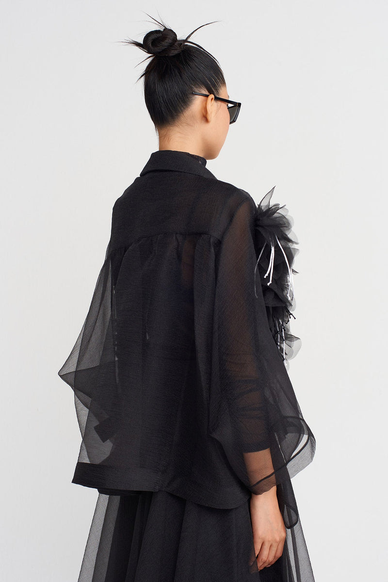 Nu Floral Appliqué Short Organza Jacket Black/Offwhite