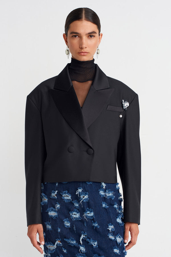 Nu Cropped Blazer Jacket With Brooch Detail  Black