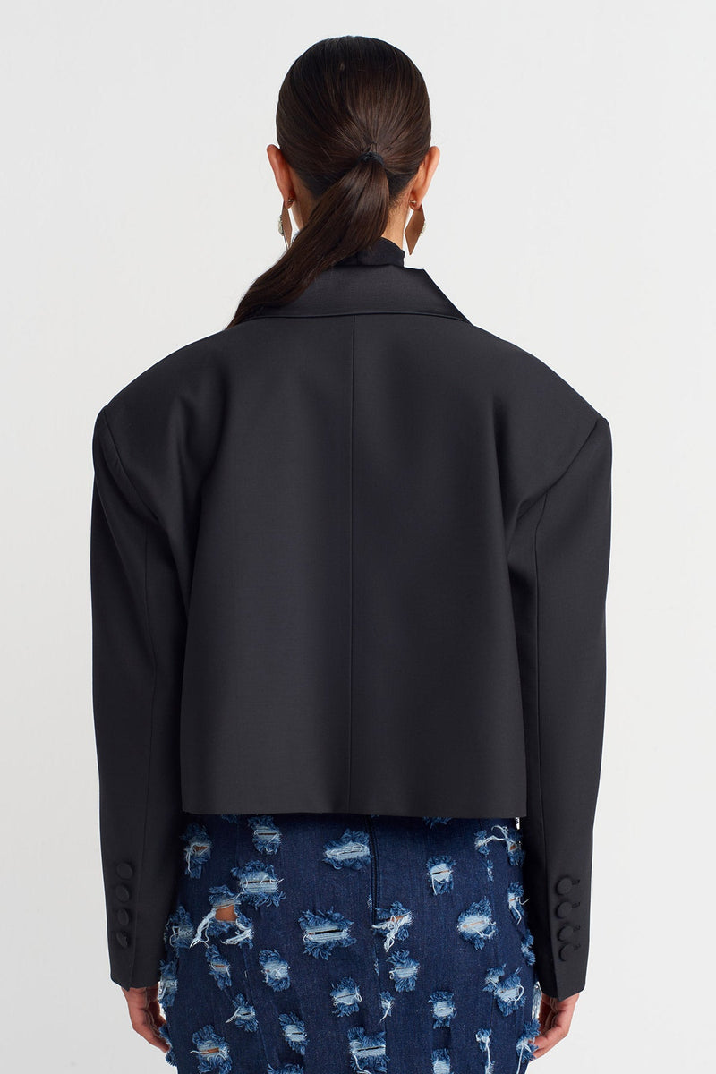 Nu Cropped Blazer Jacket With Brooch Detail  Black