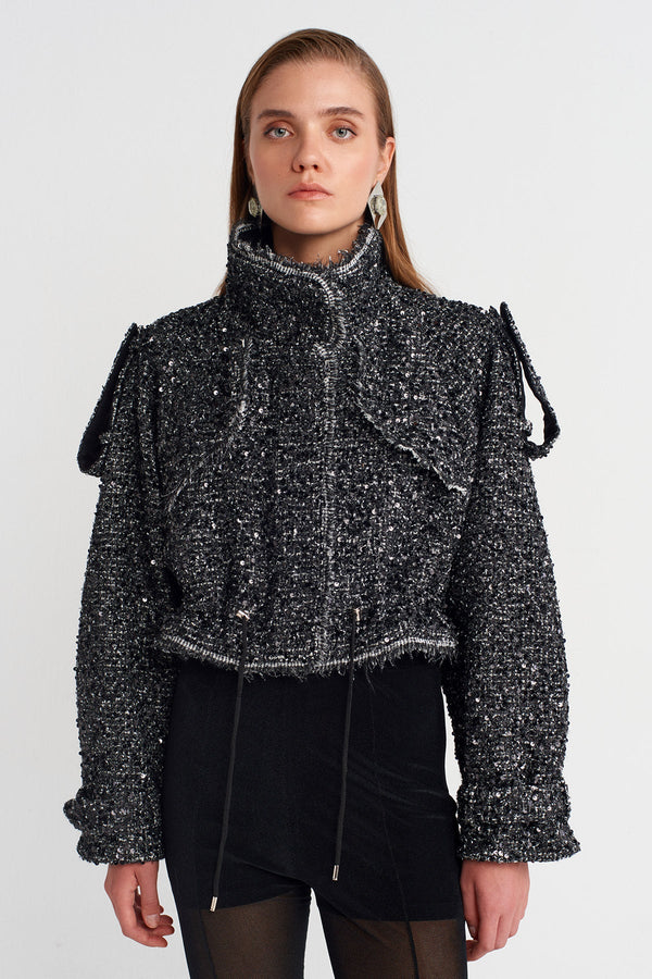 Nu Sequined Cropped Jacket With Epaulettes Black/Offwhite