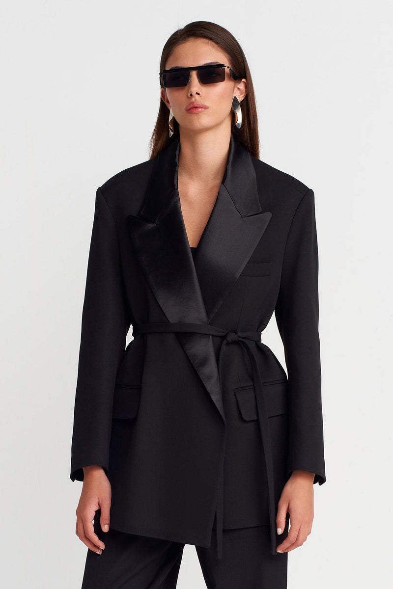 Nu Satin Lapel Belted Blazer Black