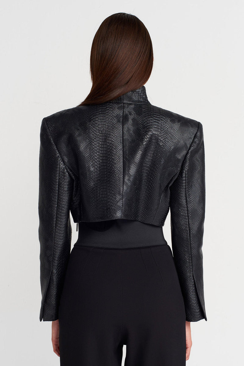 Nu Croc-Texture Cropped Leather Jacket Black
