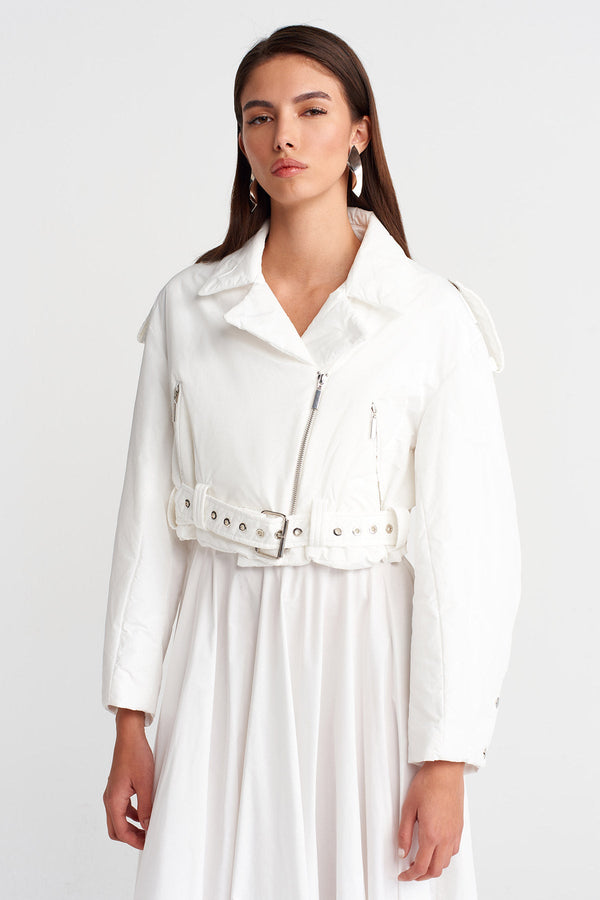 Nu Belted Short Puffer Biker Jacket Milk Serum